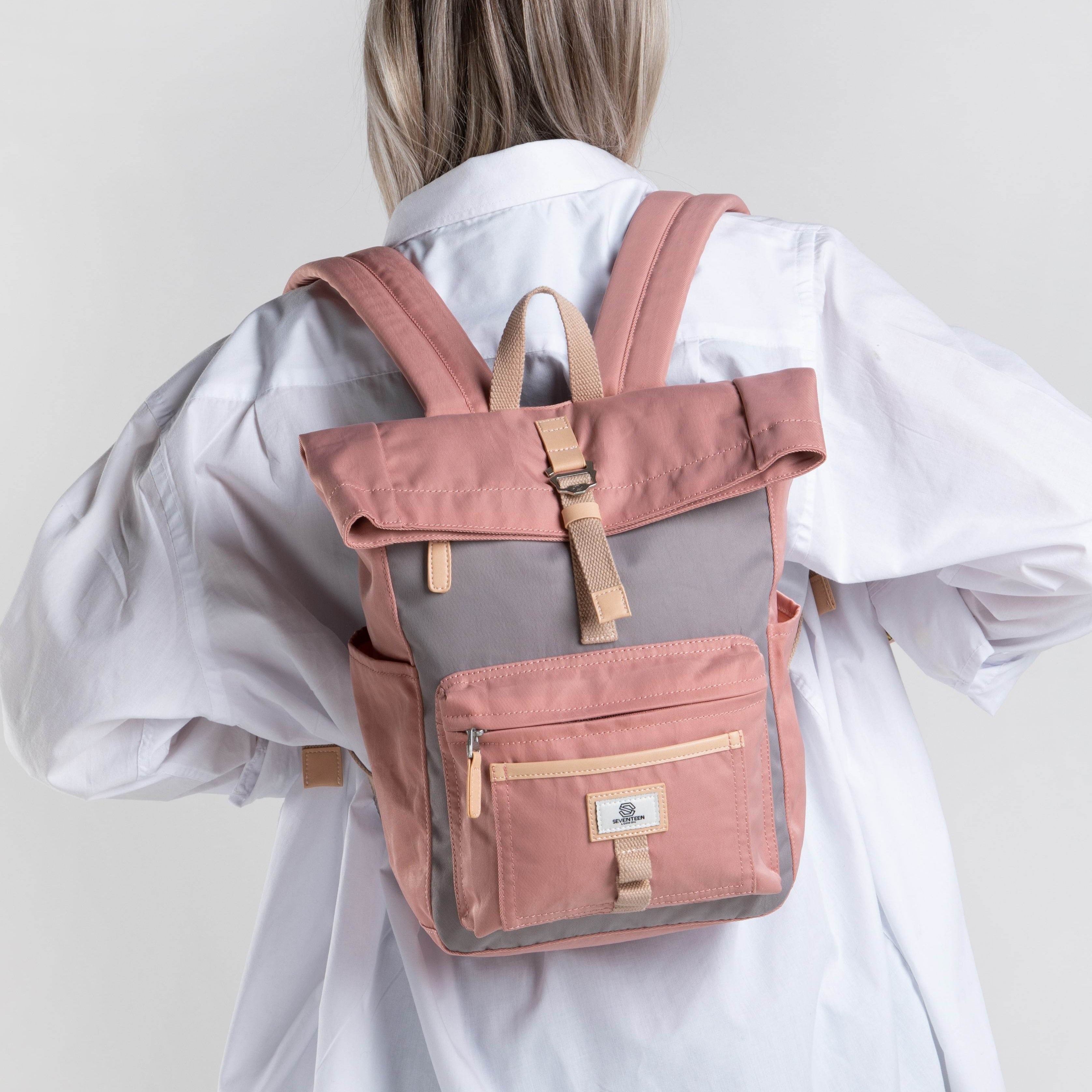 Canary Wharf Mini Backpack - Pink with Grey - Seventeen London